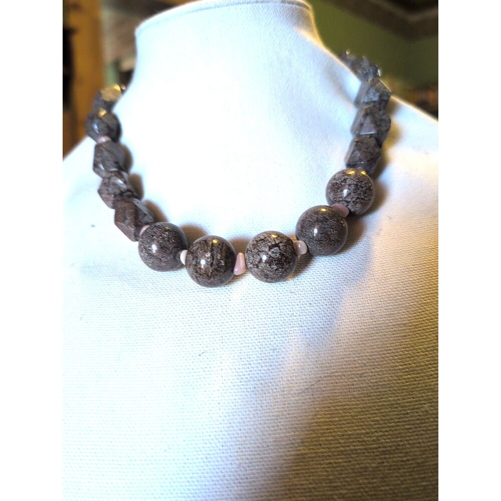 Barse Mother Of Pearl Marble Agate Stone Beaded 95 Necklace With Earrings...